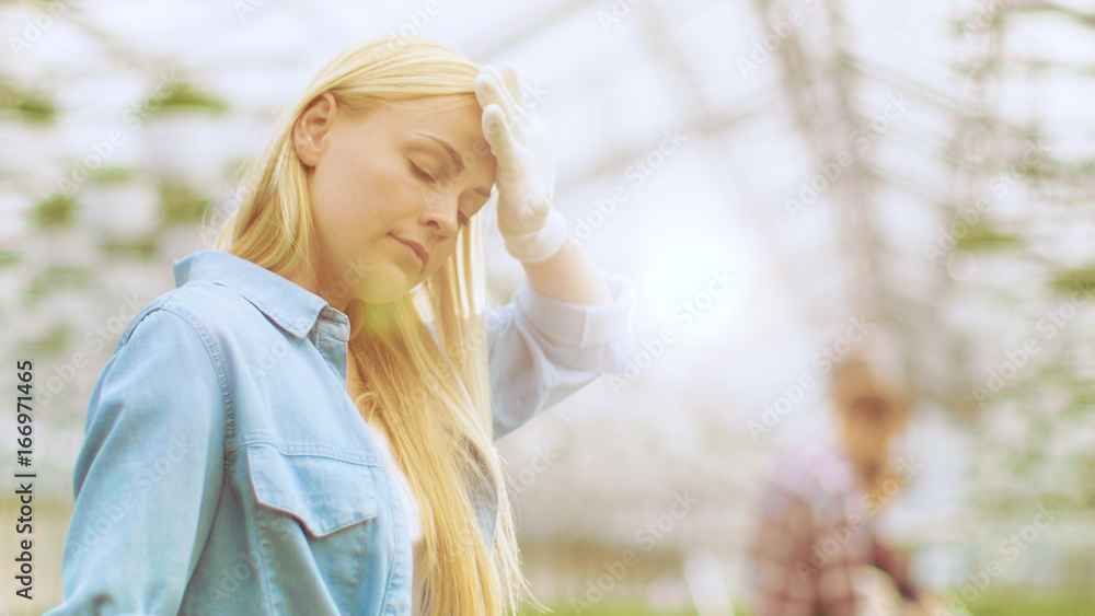 女园丁在阳光明媚的工业园里处理植物时擦额头上的汗水