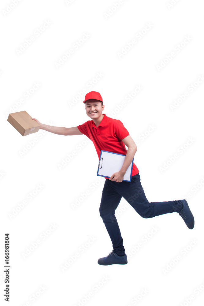 Portrait of delivery man service happily delivering package to costumer