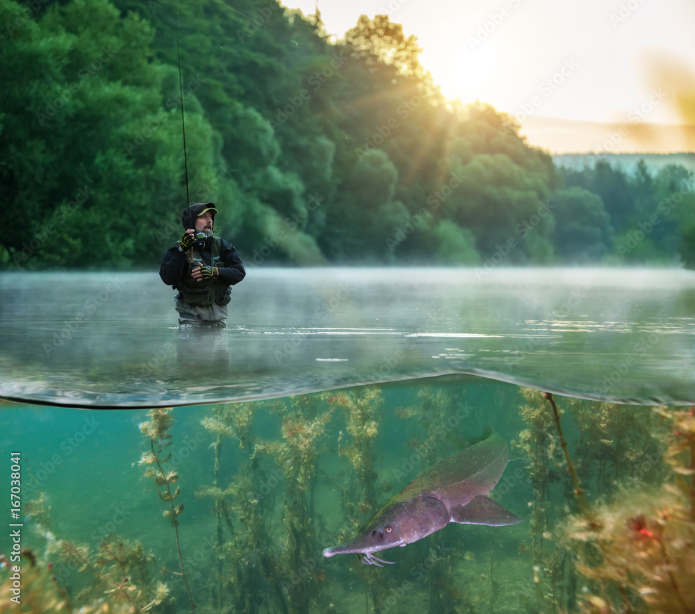 Fisherman trying to catch predator fish, half to half image mantage