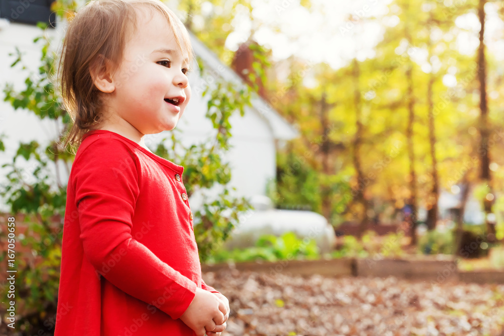 Happy toddler girl playing outside in autumn 