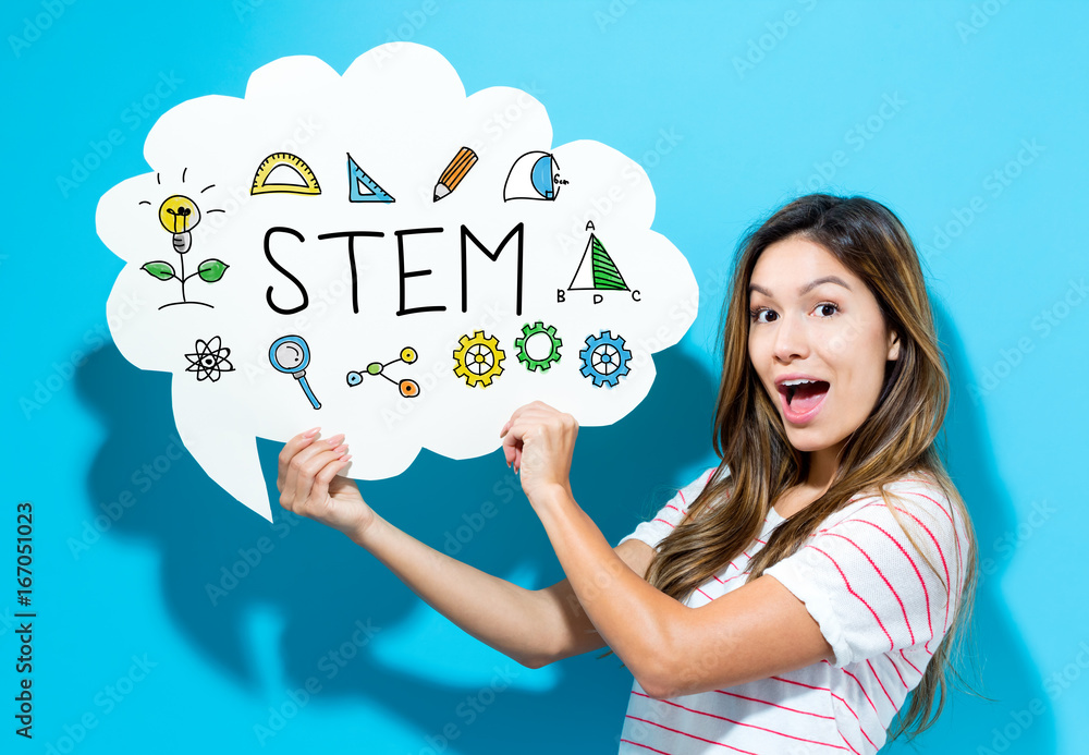 STEM text with young woman holding a speech bubble on a blue background