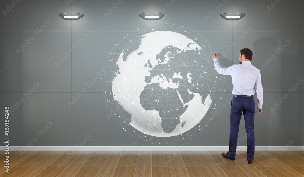 Businessman using digital planet earth interface on a wall 3D rendering