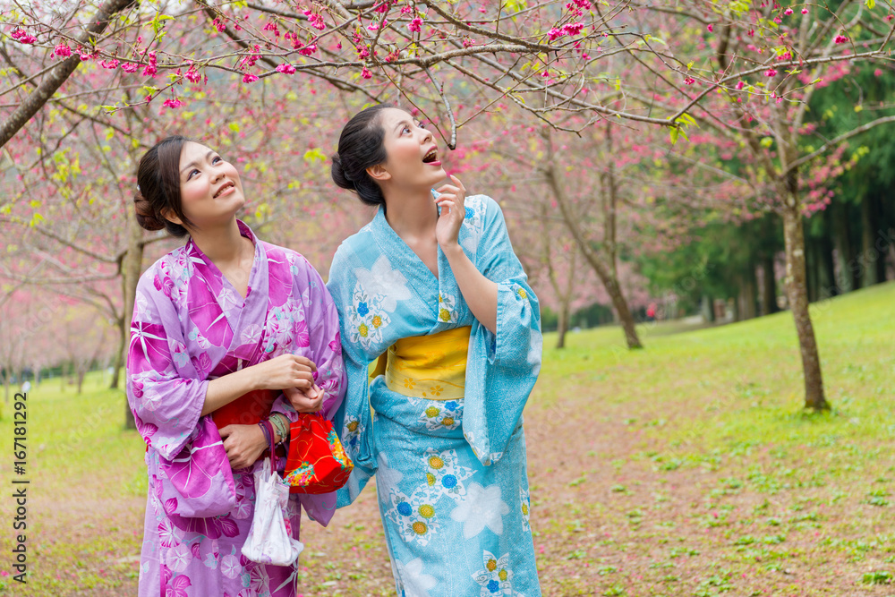 看着樱花树的甜美女孩