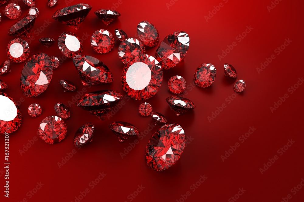 Red Ruby diamonds placed on red cloth background, 3d illustration.