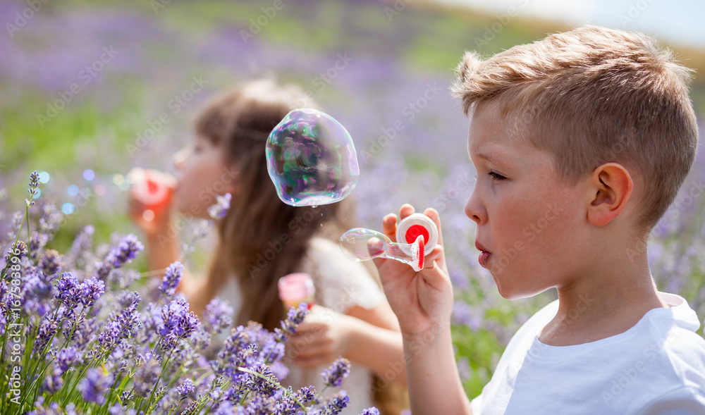 Two kids having fun blowing soap bubbles in lavender field at sunny day