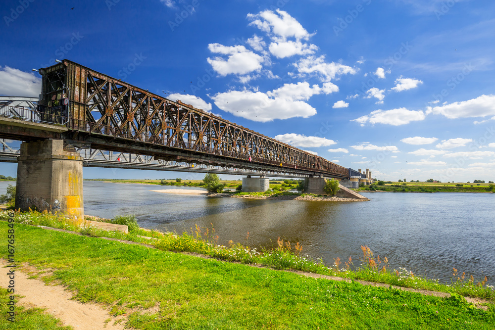 Old railway bridge over Vistula river in Tczew, Poland