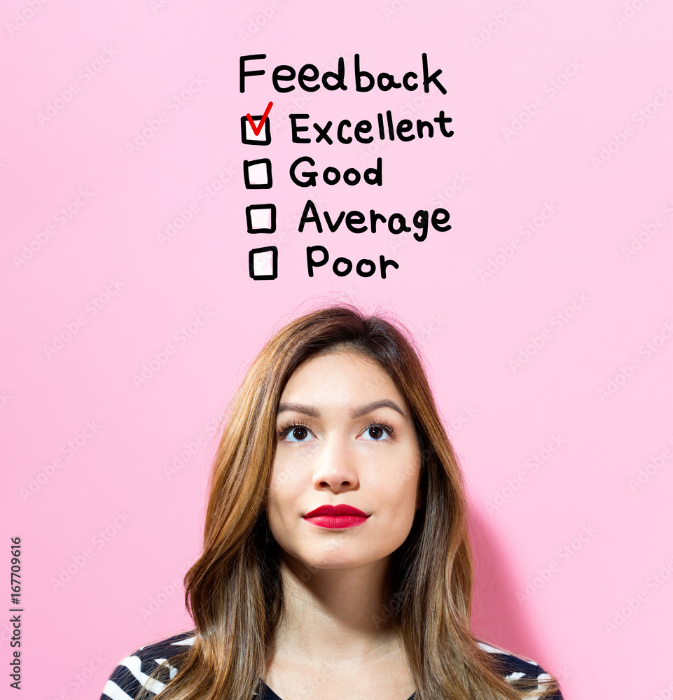 Feedback text with young woman on a pink background