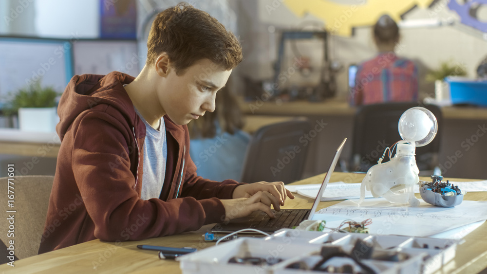 Smart Young Boy Works on a Laptop For His New Project in His Computer Science Class. Other Children 