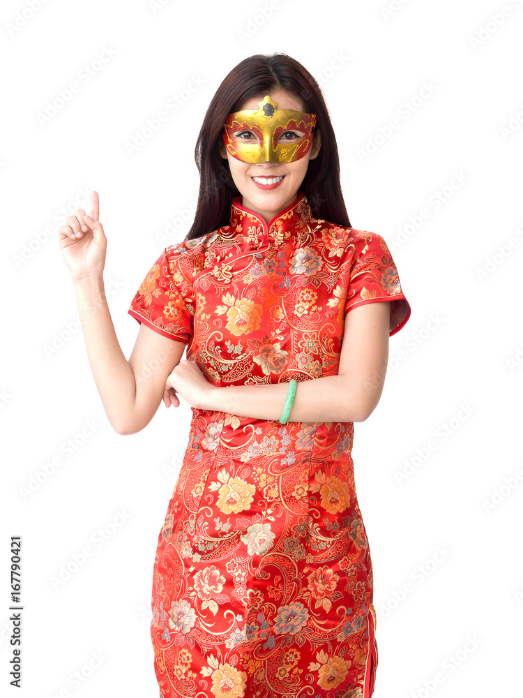 Chinese new year woman concept, isolated asian woman wearing red dress with finger pointing acting