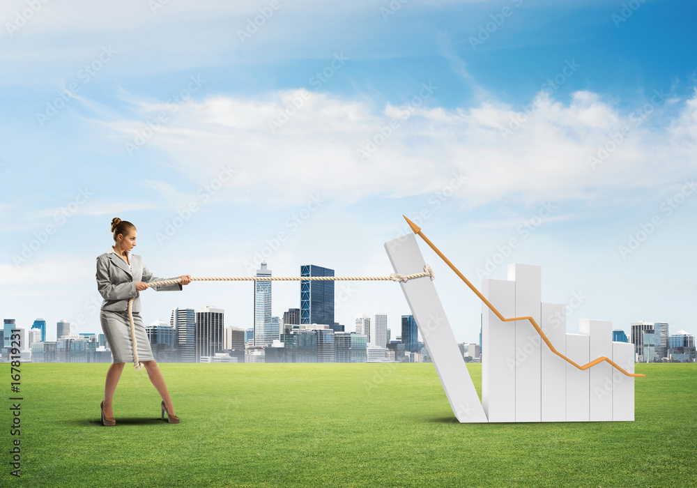 Businesswoman pulling graph with rope as concept of power and control