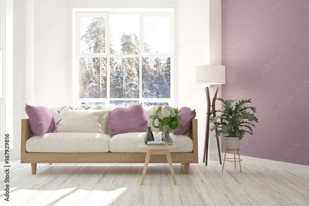 White room with sofa and winter landscape in window. Scandinavian interior design. 3D illustration