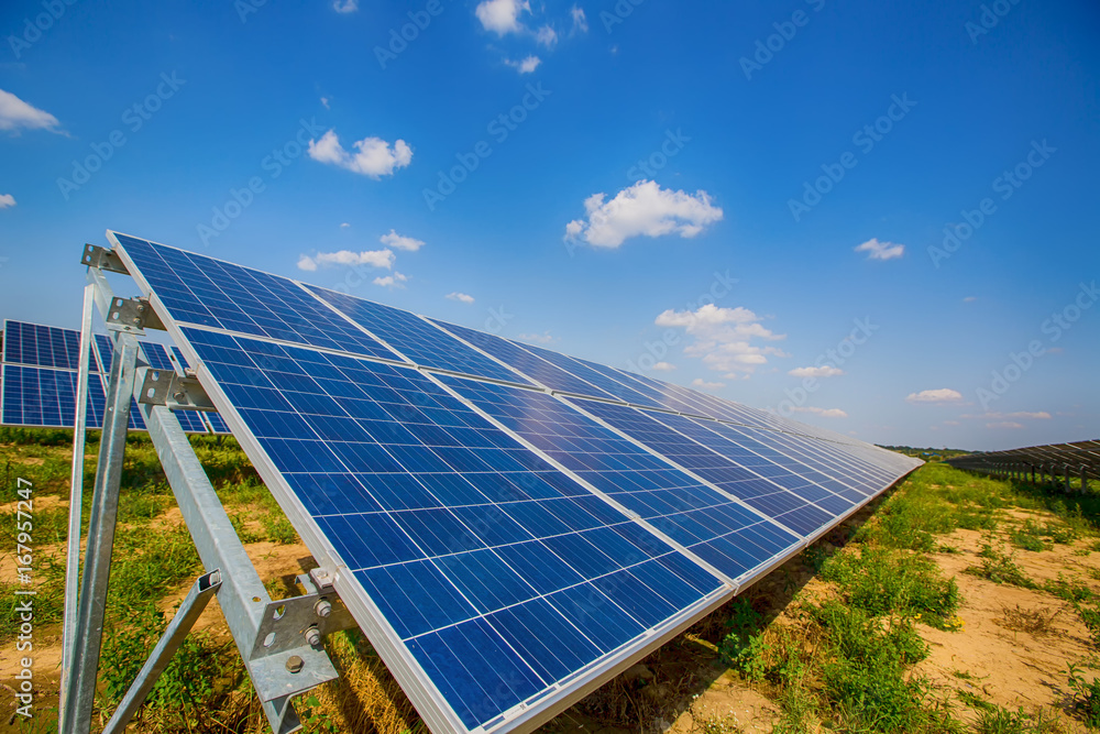 Solar panel on sky background. Photovoltaic power supply systems. Solar power plant. The source of e