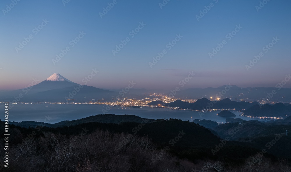 Sunset landscape of Mountain Fuji and Suruga Bay at Shizuoka prefecture