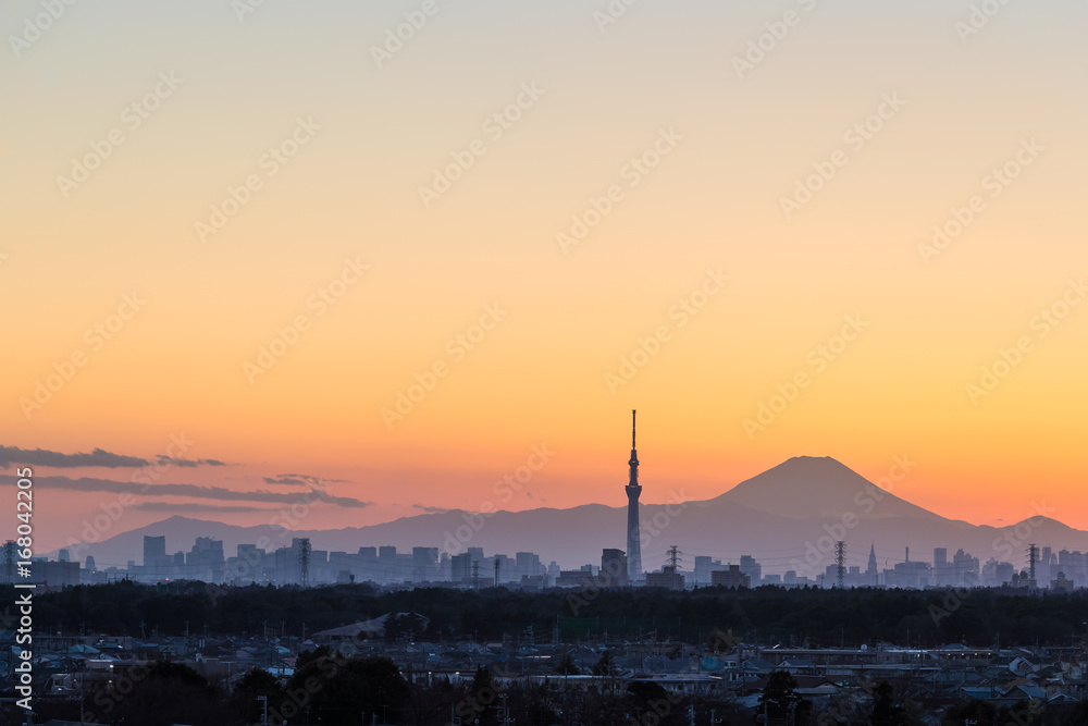 冬季黄昏时分的东京天树和富士山。