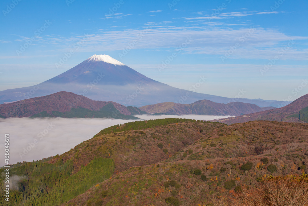 Mt.fuji and sea of mist above lake ashi at Hakone in autumn season morning