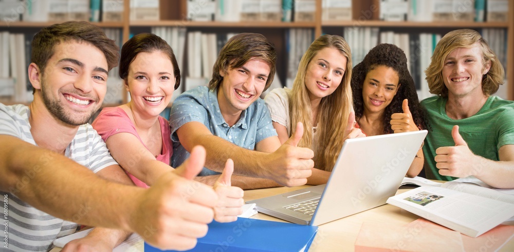 Composite image of college students gesturing thumbs up in libra