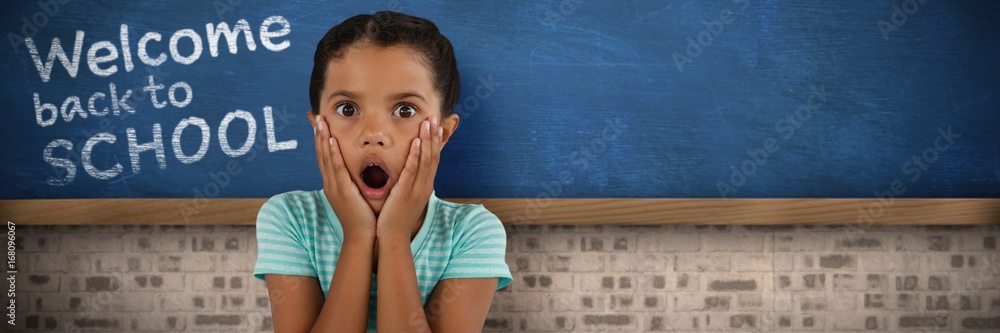 Composite image of portrait of surprised girl with head in hands