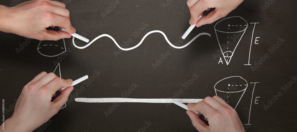 Composite image of multiple hands writing with chalk