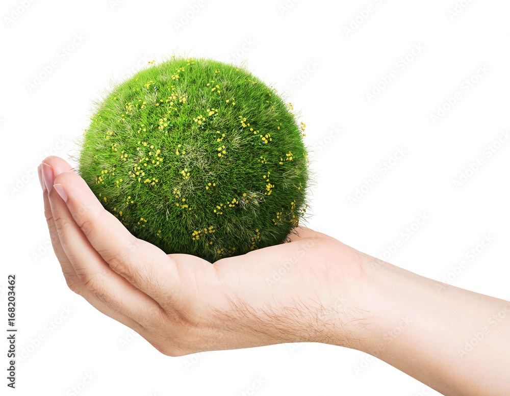 Green ball from grass on a palm. Isolated on white background. 3D illustration.