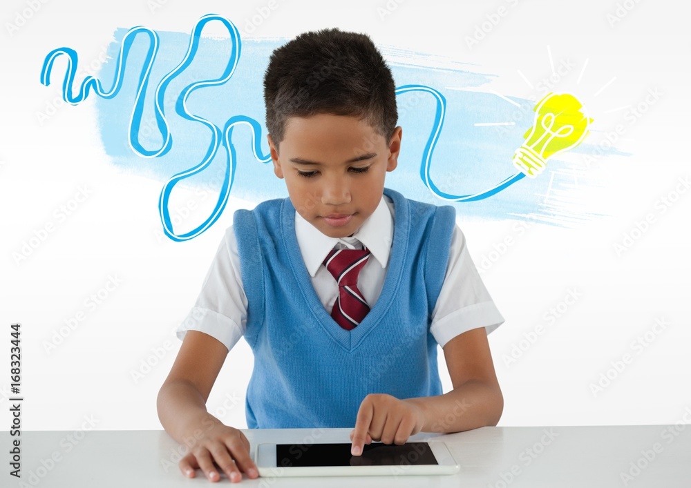 Schoolboy on tablet with colorful idea light bulb doodle