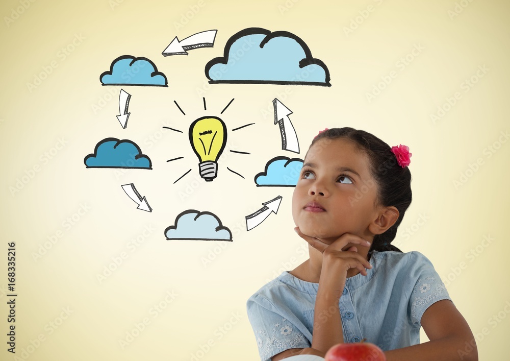 Girl looking up with light bulb and clouds graphics