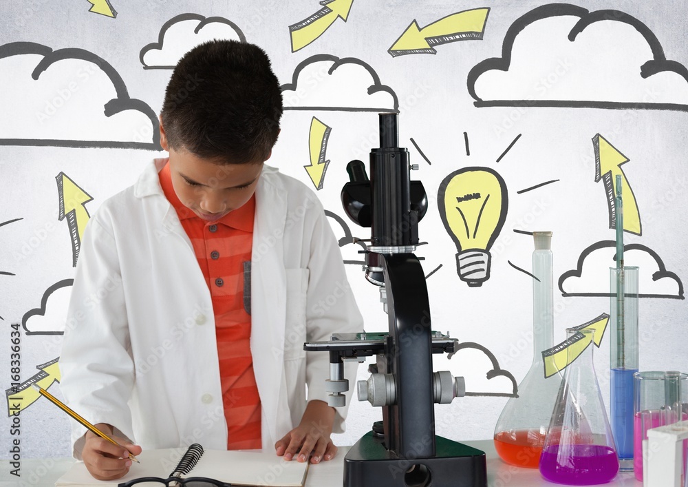 Schoolboy scientist writing with microscope and light bulb idea