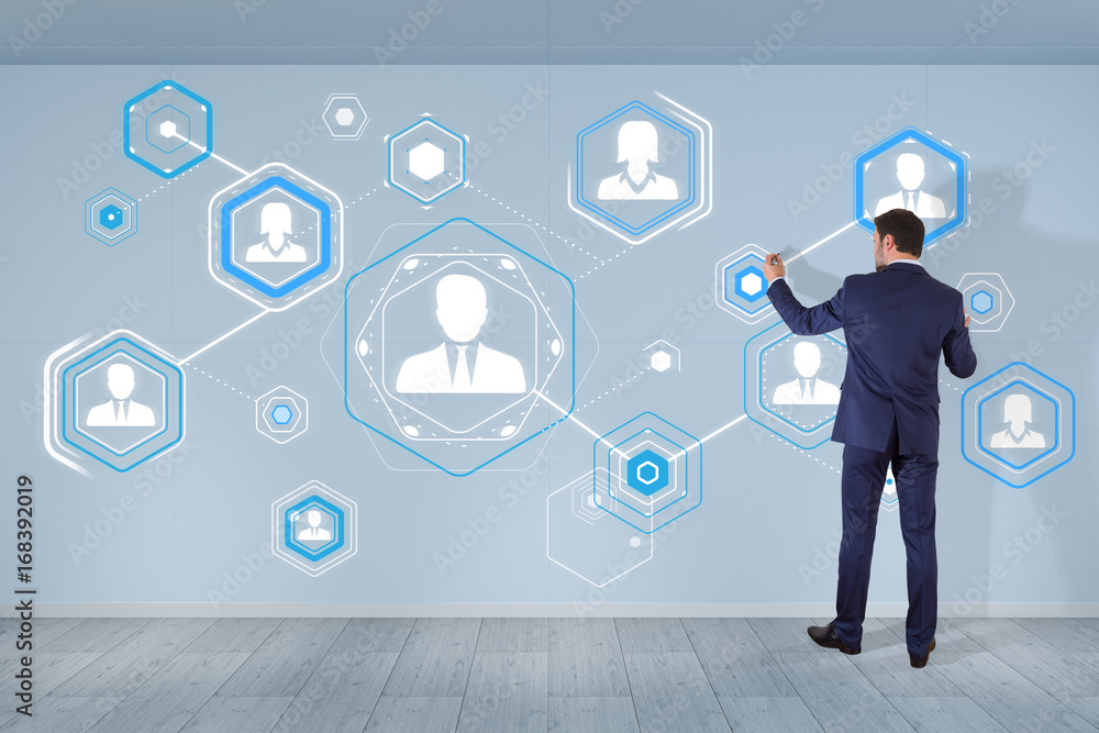 Businessman using social network interface on a wall 3D rendering