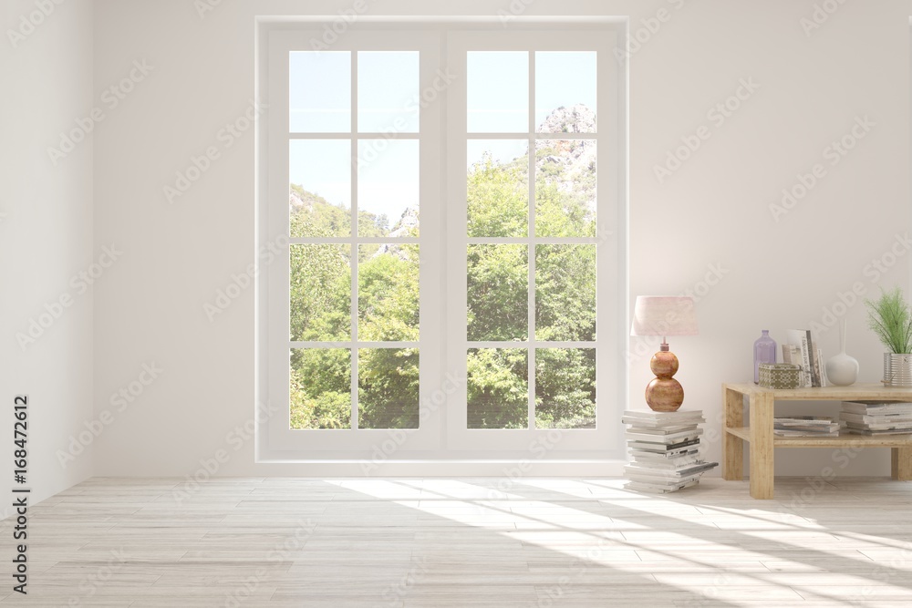 White empty room with summer landscape in window. Scandinavian interior design. 3D illustration