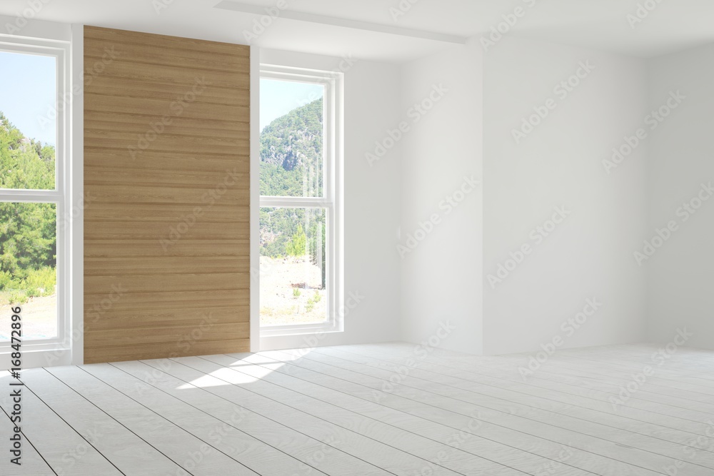 White empty room with summer landscape in window. Scandinavian interior design. 3D illustration