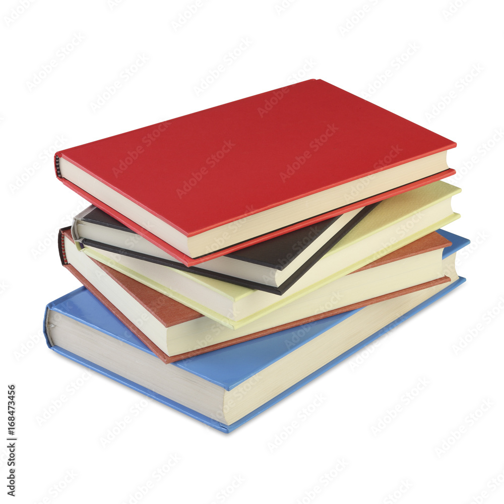 A stack of books on a white background.