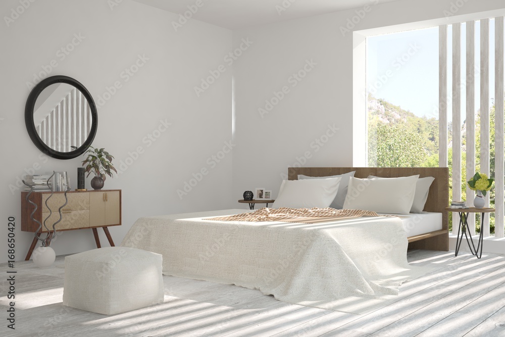 Inspiration of white minimalist  bedroom with summer landscape in window. Scandinavian interior desi