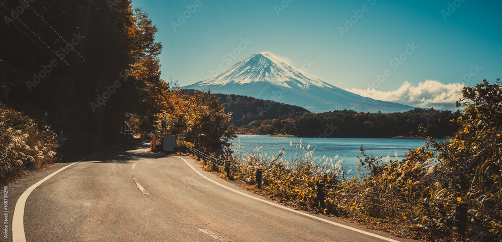 Mt Fuji in Japan and road at Lake Kawaguchiko