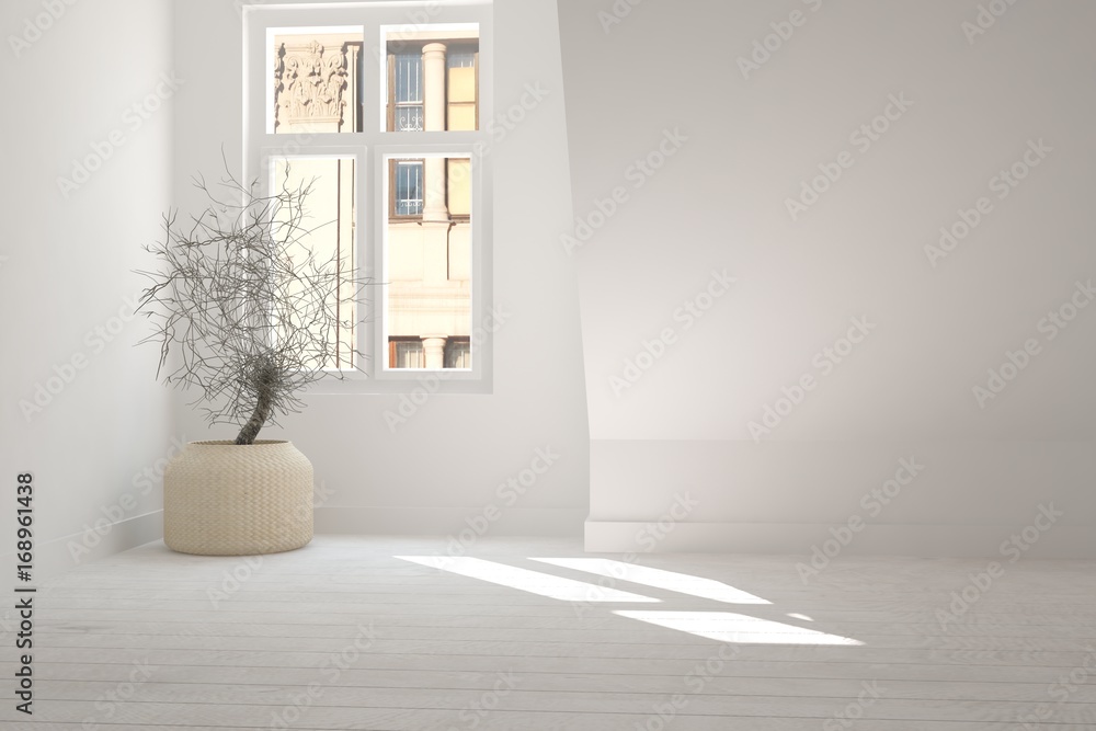 White empty room. Scandinavian interior design. 3D illustration