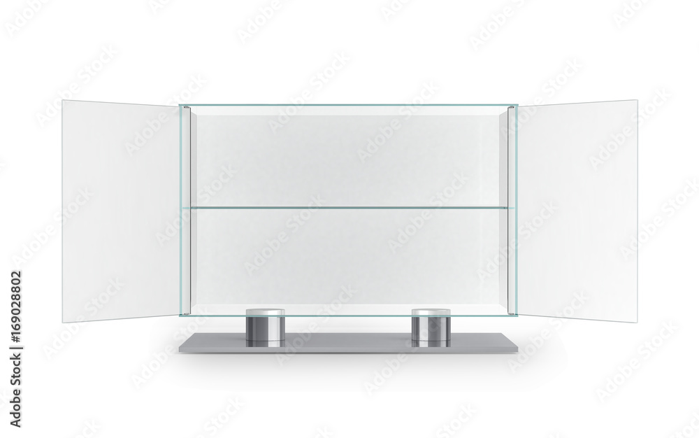 Glass showcase on a white background. 3d illustration.