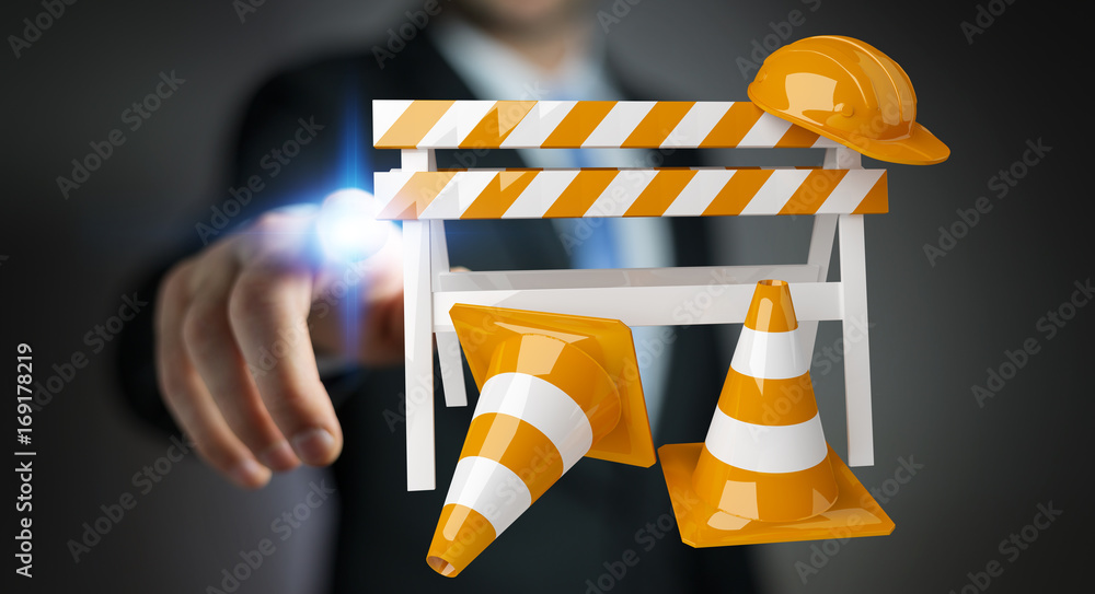 Businessman using digital 3D rendering under construction signs