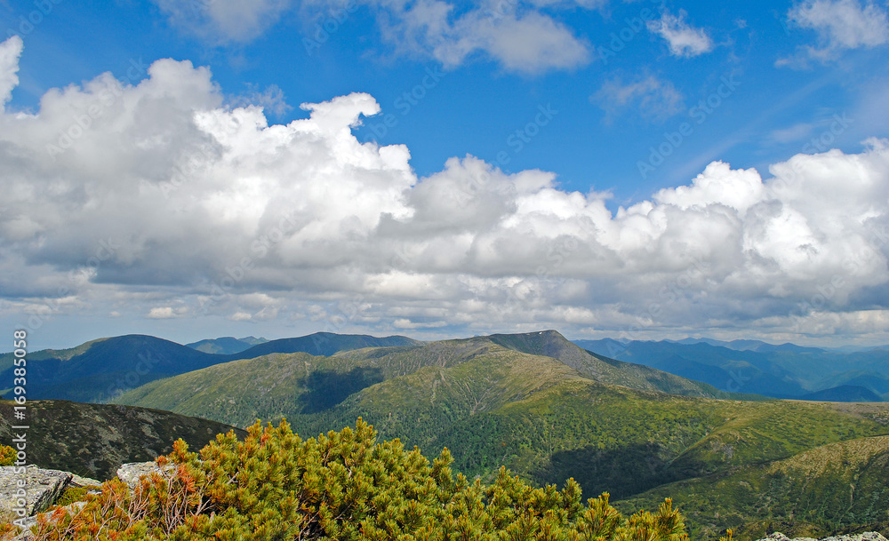 夏季山地景观。俄罗斯贝加尔湖的山丘和草地景观