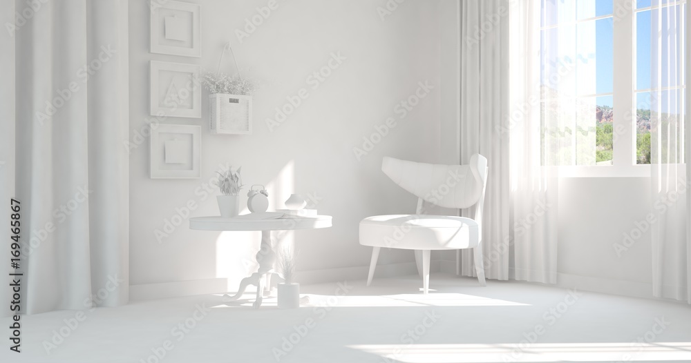 White room with armchair and summer landscape in window. Scandinavian interior design. 3D illustrati