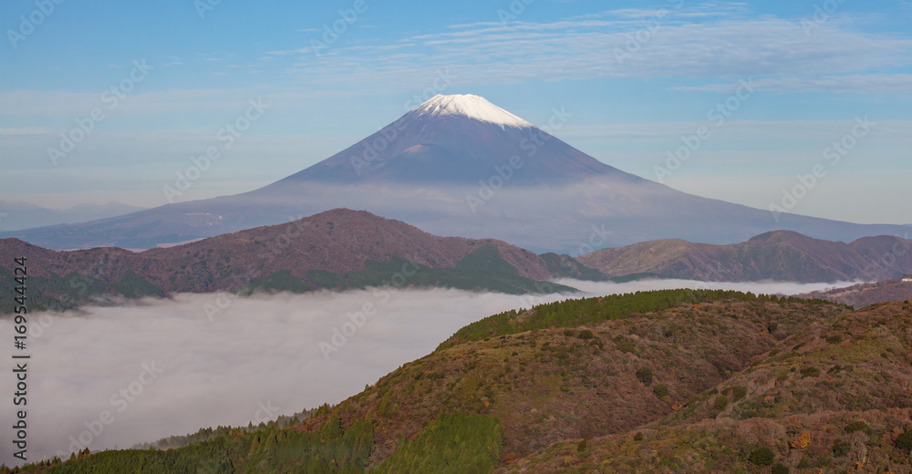 Mt.fuji and sea of mist above lake ashi at Hakone in autumn season morning