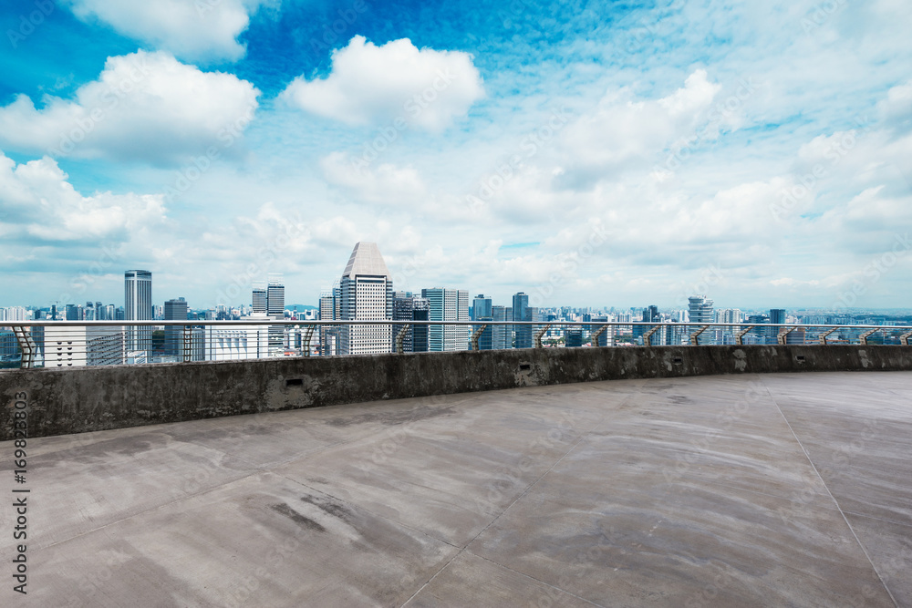 空旷的水泥路，蓝天下的现代城市景观