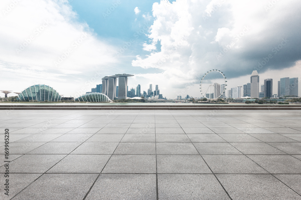 empty marble floor with cityscape of modern city