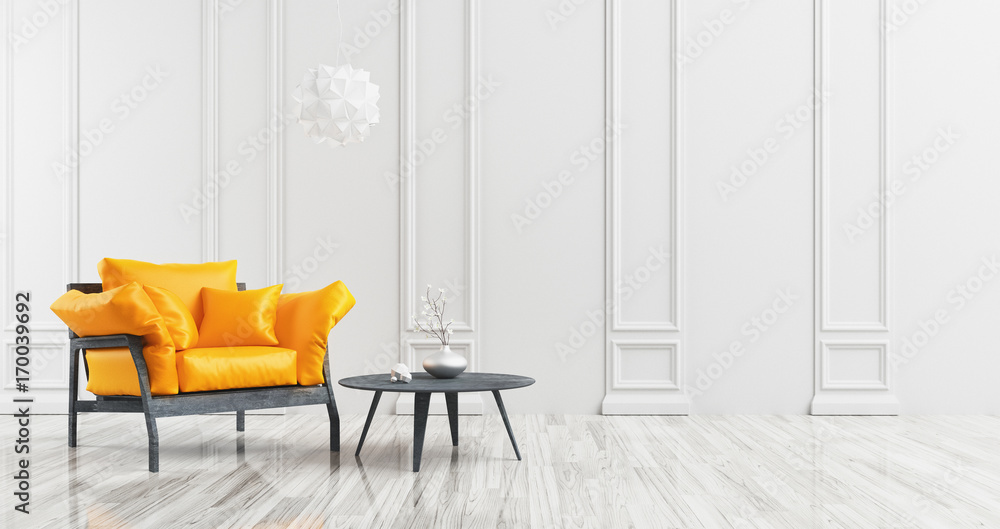 Salotto minimal con pareti e parquet bianco e divano giallo