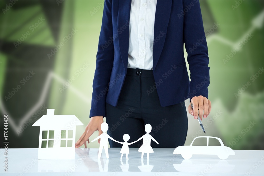 Composite image of woman drawing a car, a family and a house