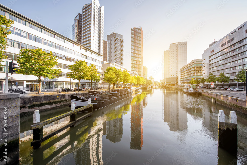 Cityscape view on the modern office district at Scheepsmakers port during the sunny morning in Rotte