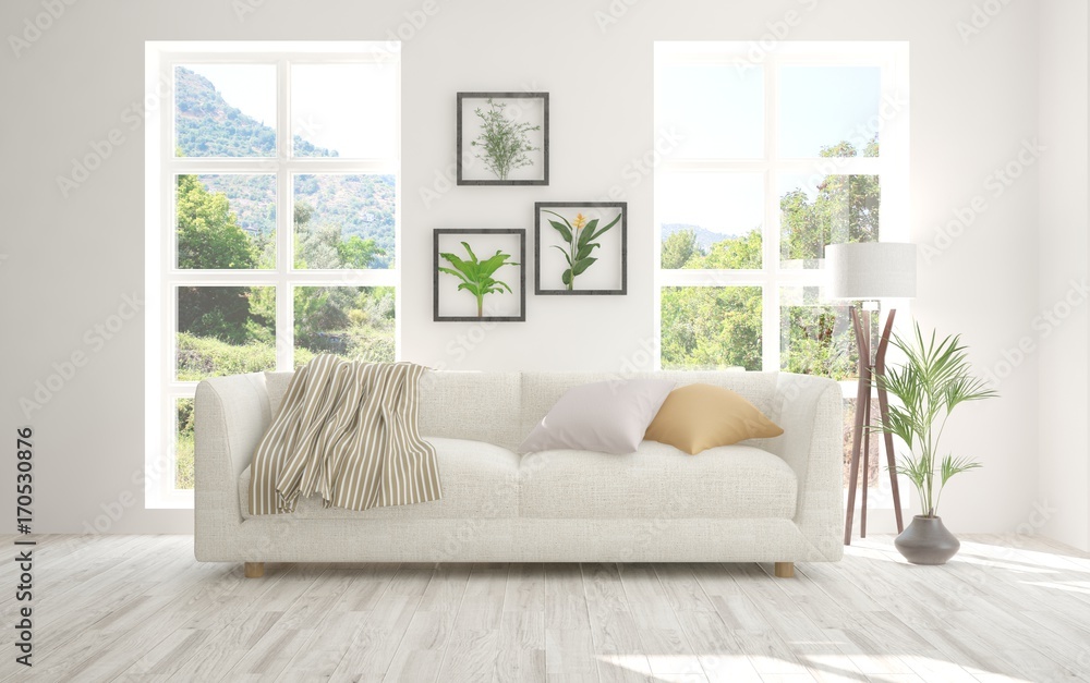 Idea of white room with sofa and summer landscape in window. Scandinavian interior design. 3D illust