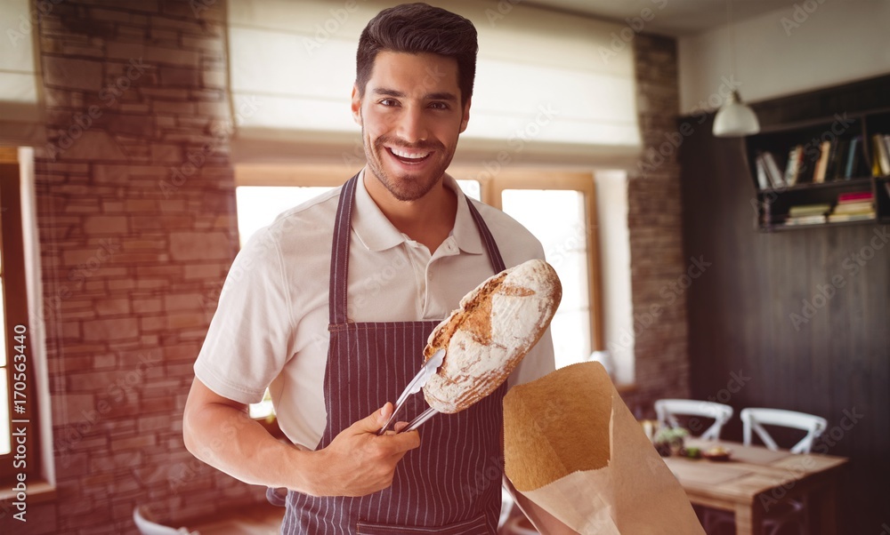 Composite image of baker packing loaf of bread