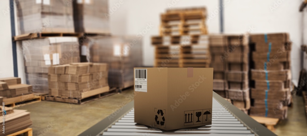 Composite image of packed parcel box on conveyor belt