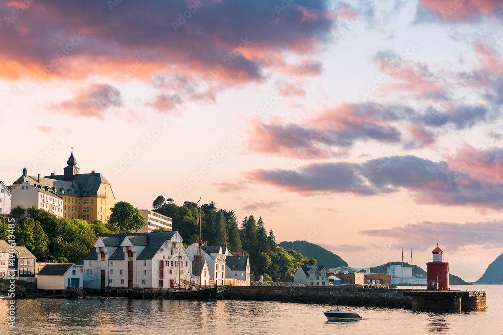 Colorful sunset in Alesund port town