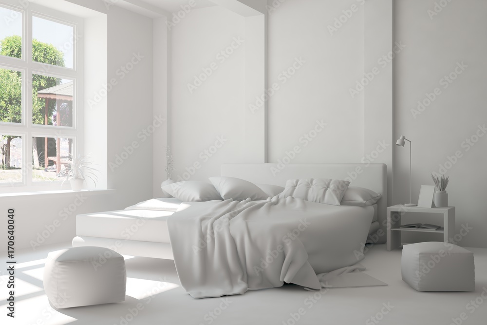 Inspiration of white minimalist  bedroom with summer landscape in window. Scandinavian interior desi