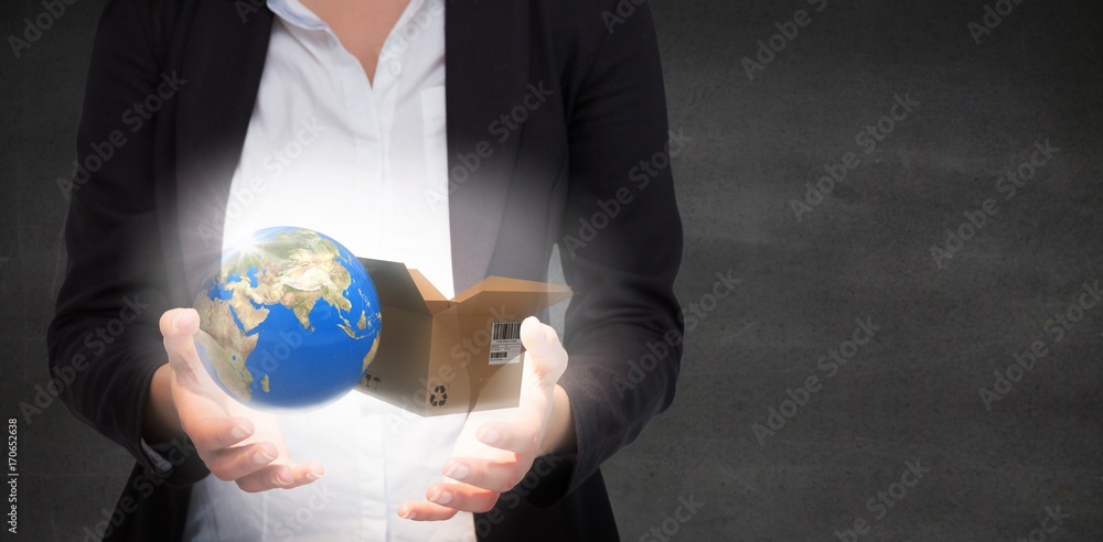 Composite image of businesswomans hands presenting