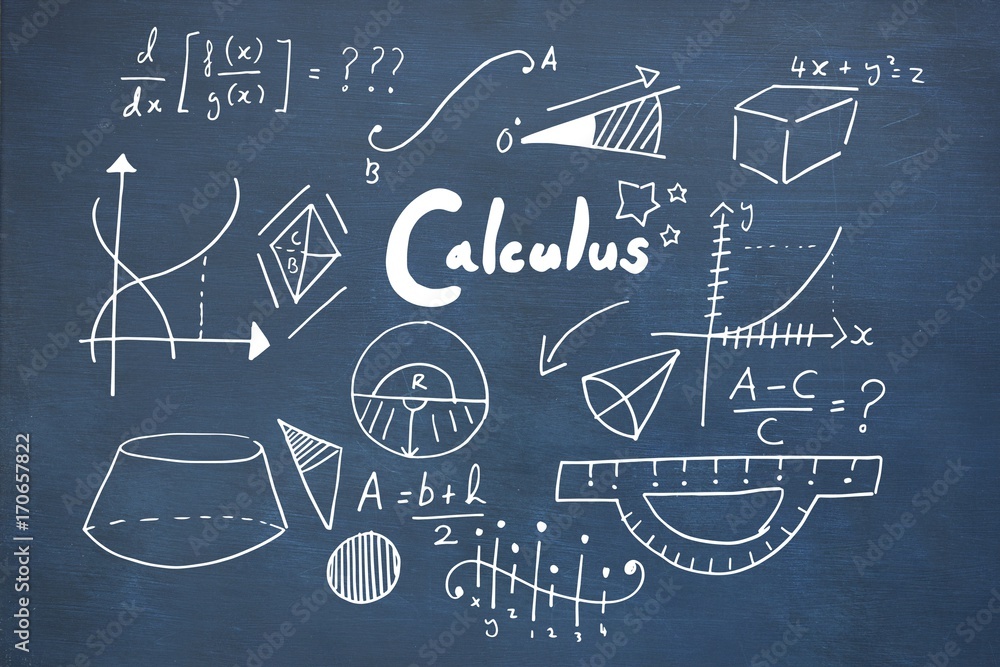 Composite image of calculus text with geometric shapes